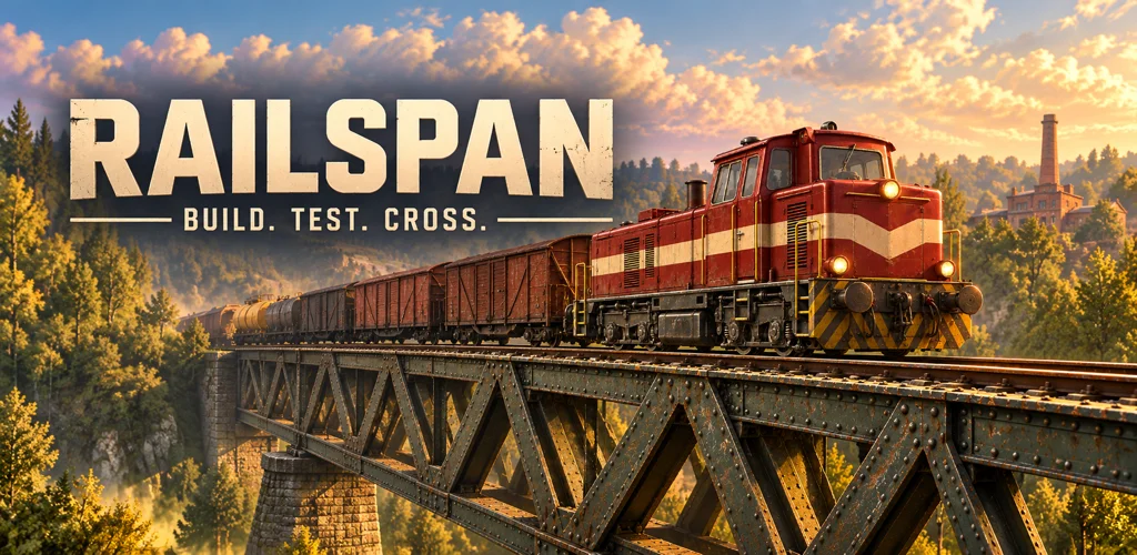 Railspan — Build. Test. Cross. A freight locomotive crossing a steel bridge at sunset.